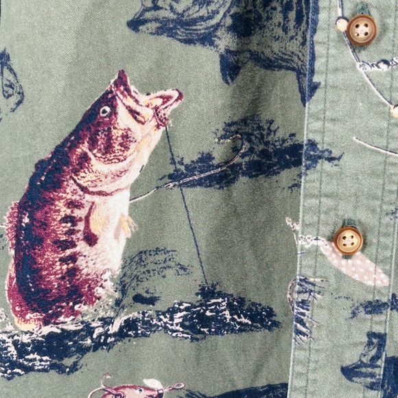 North River Outfitters Green Fish Trout Cotton Long Sleeve Button Down Size M - Picture 3 of 8